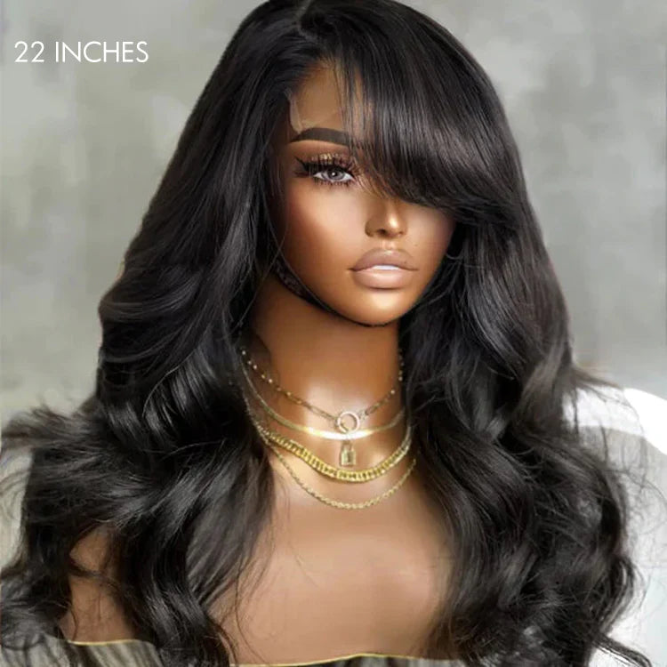 Brown Mix Black / Natural Black C Part Glueless Loose Wave 5x5 Closure Wig with Bangs 100% Human Hair - Gleamura