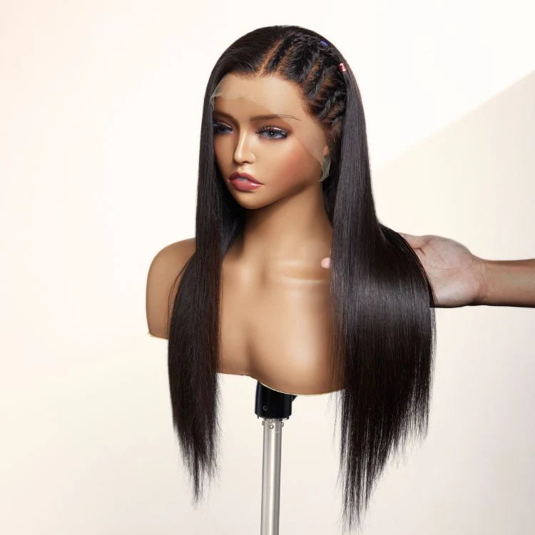 PreMax Wigs | 200% Density Natural Black Left Side Braids Straight 13x4 Frontal HD Lace Long Wig - Gleamura