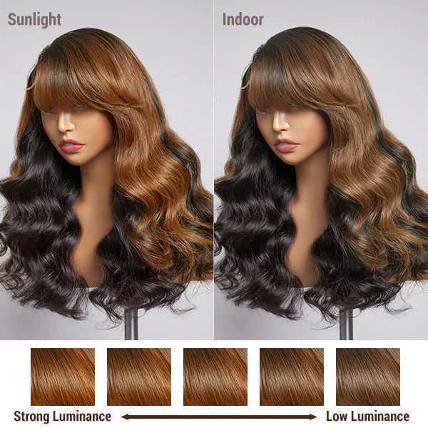 Brown Mix Black / Natural Black C Part Glueless Loose Wave 5x5 Closure Wig with Bangs 100% Human Hair - Gleamura