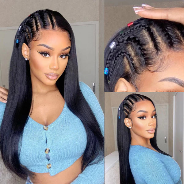PreMax Wigs | 200% Density Natural Black Left Side Braids Straight 13x4 Frontal HD Lace Long Wig - Gleamura